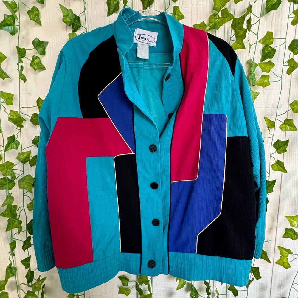 Vintage 80s Multi Colorblock Turquoise Jacket